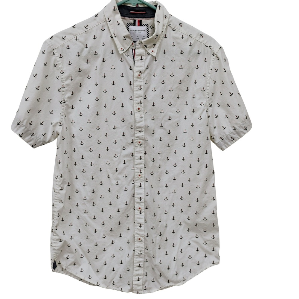 Denim‎ & Flower Anchor Print Short Sleeve Button Down Cruise Shirt Men's M
